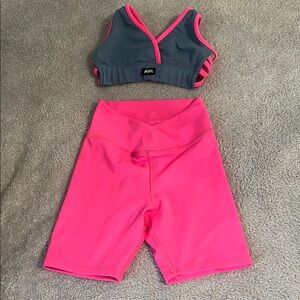 Gray and Pink Sports Bra and Shorts Set